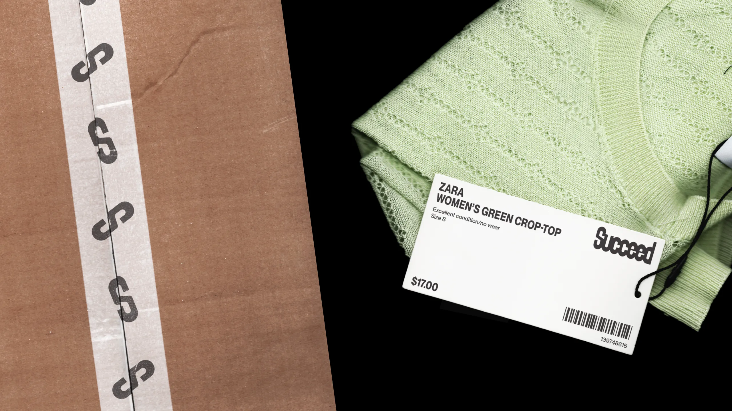 Box tape design and tag on green shirt
